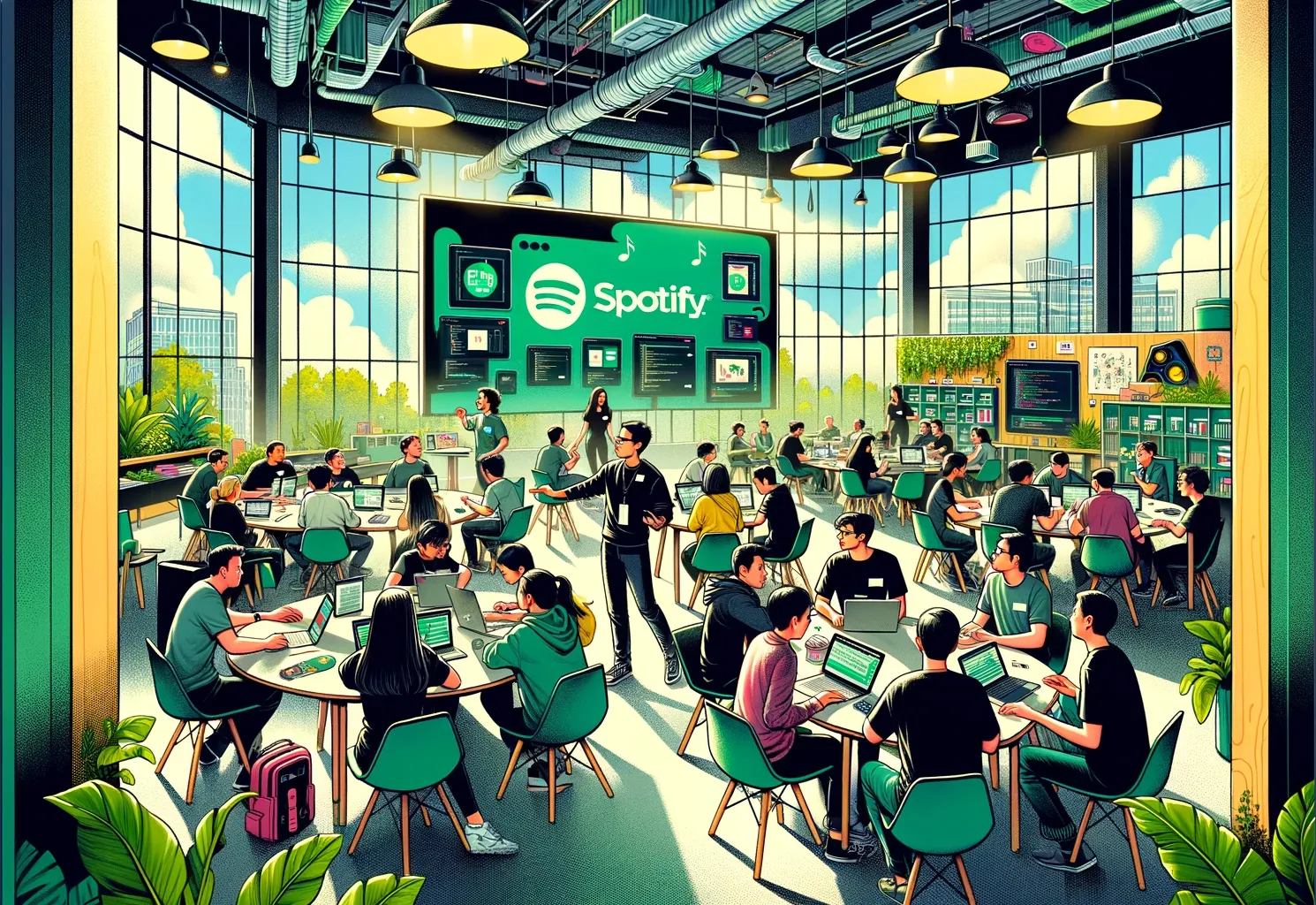 A vibrant and welcoming scene of a dozen new Spotify engineering employees participating in a Developer Bootcamp