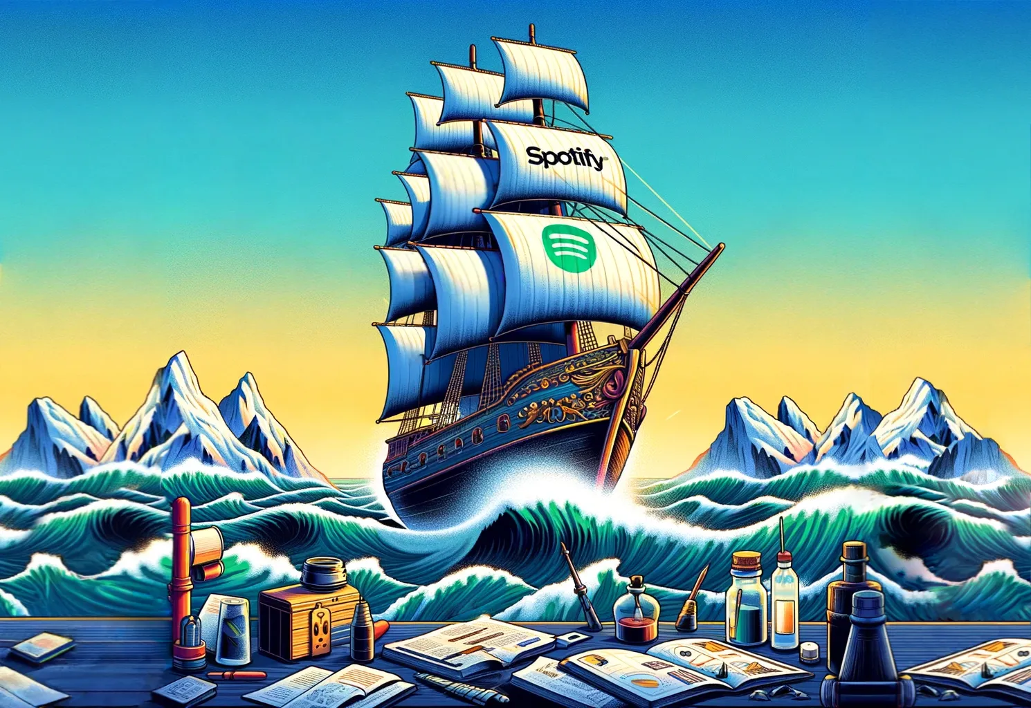 An image capturing Spotify's journey of adaptability and resilience, likened to a seasoned sailor navigating turbulent waters, have been created